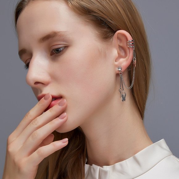 silver Butterfly crystal chain Cuff Earring for single ear - Picture 4 of 9